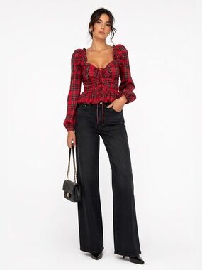 NWT Antonio Melani Elvira Plaid Tie Square Neck Long Puffed Sleeve Blouse Sz 6